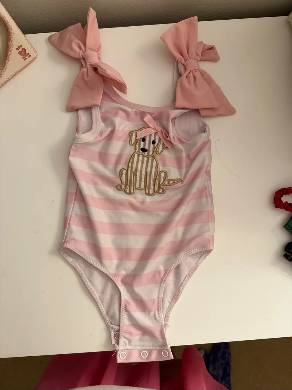 Girls Pink Stripe One-Piece Swimsuit with Puppy Patch and Bow Straps